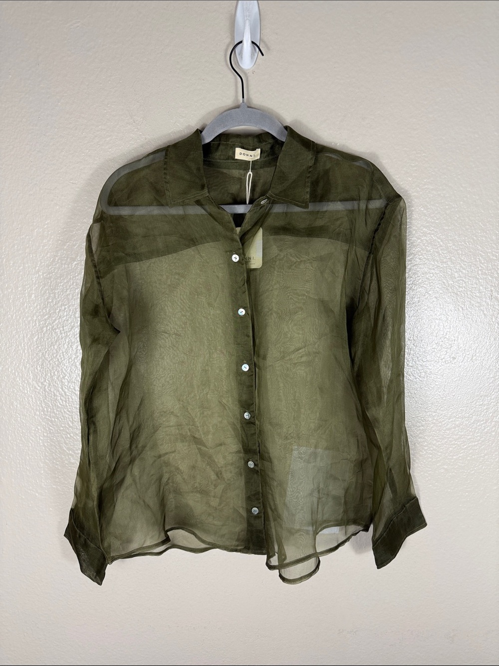 Donni. Sheer Button Down Shirt Top Silk Organza Olive